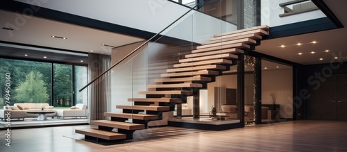 A staircase in a modern house featuring a minimalist design with a glass wall. The staircase leads upwards  creating an open and airy feeling in the home.