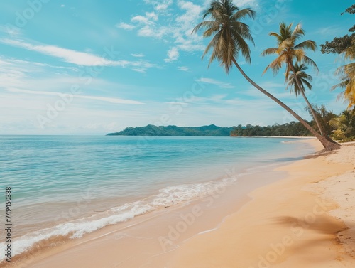 Serene tropical beach with golden sand, palm trees, and crystal-clear waters under a bright blue sky. Perfect for relaxation and travel themes