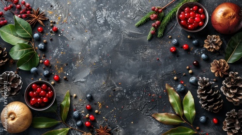 a table topped with pine cones, berries, and other fruits and veggies on top of a slate surface.