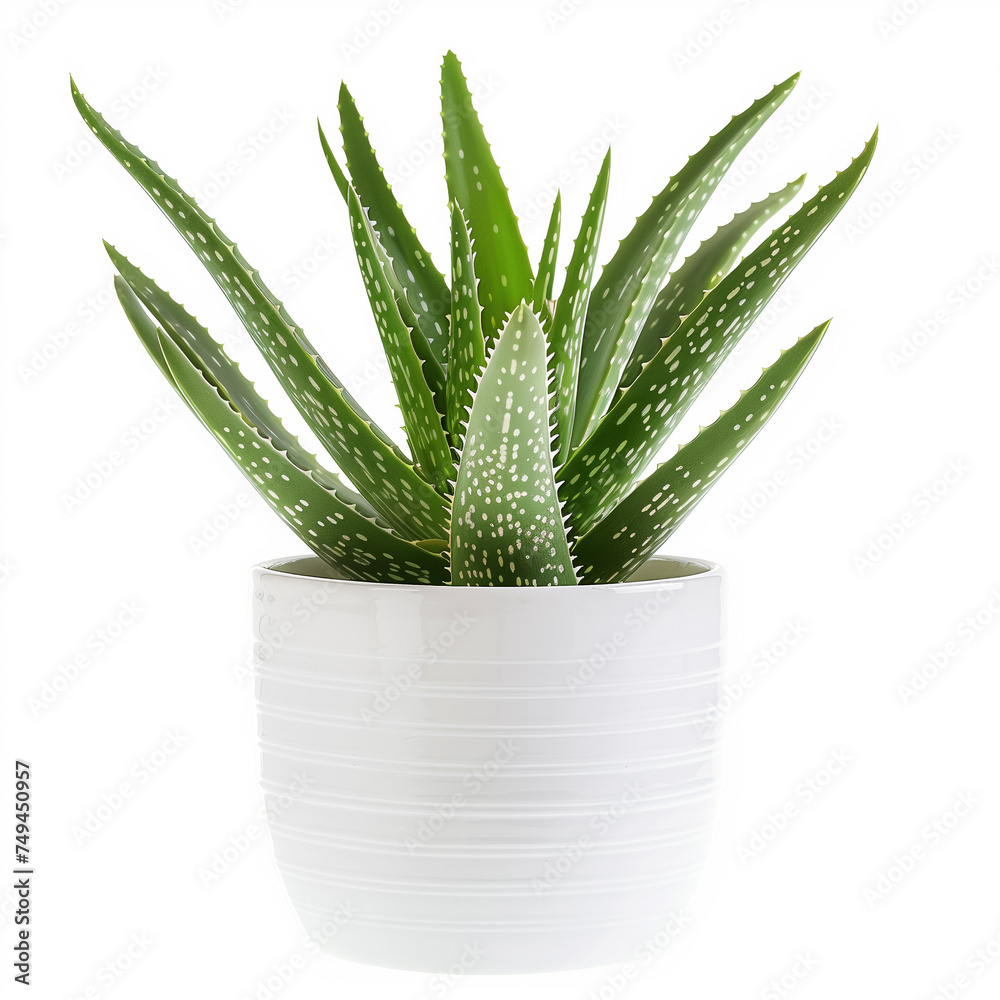 Aloe vera in minimalist white pot on isolated white background Aloe vera in minimalist white pot on isolated white background
