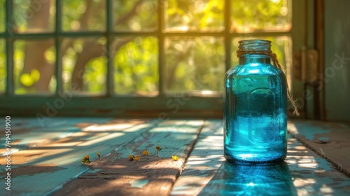 a blue glass bottle sitting on top of a wooden table next to a window with lots of sunlight coming through it. photo