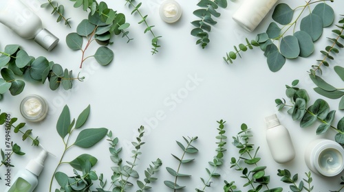 Flat lay composition with body care products and eucalyptus branches on white background 