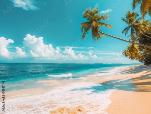 Serene tropical beach with golden sand, palm trees, and crystal-clear waters under a bright blue sky. Perfect for relaxation and travel themes