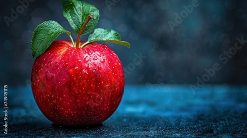 a close up of a red apple with a green leaf on it's stem on a blue surface with a blurry background. photo