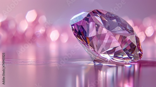 a close up of a pink diamond on a reflective surface with boke of lights in the backround.