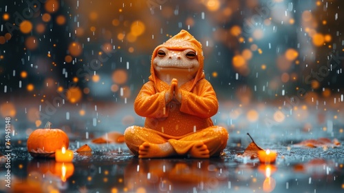 a small stuffed animal sitting on top of a wet ground next to a pile of oranges and lit candles.