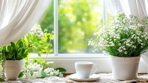 a window sill with a cup and saucer next to a potted plant and a cup on a saucer.