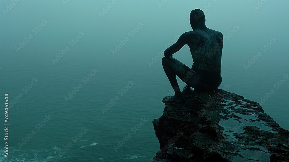 a man sitting on the edge of a cliff looking out over a body of water on a foggy day. - obrazy, fototapety, plakaty 