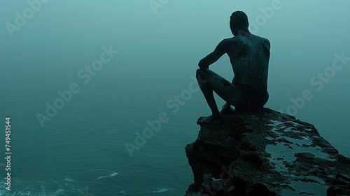a man sitting on the edge of a cliff looking out over a body of water on a foggy day. photo