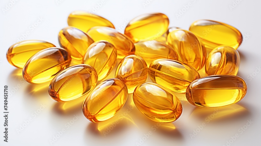Fish oil omega 3 gel capsules on golden bokeh background.
Fish oil omega 3 gel capsules on golden bokeh background.