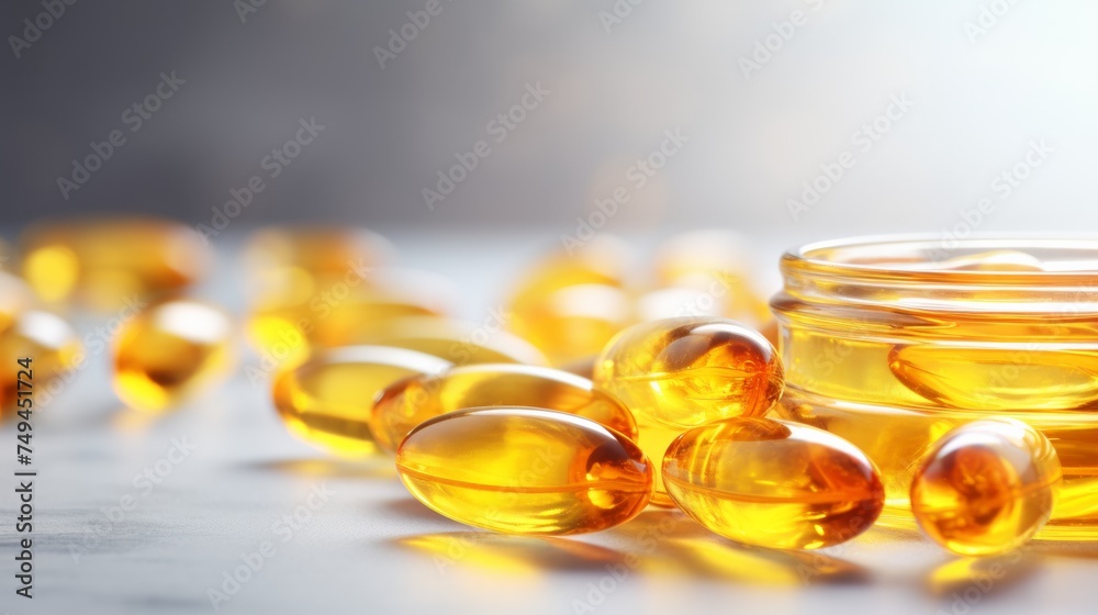 Fish oil omega 3 gel capsules on golden bokeh background.
Fish oil omega 3 gel capsules on golden bokeh background.