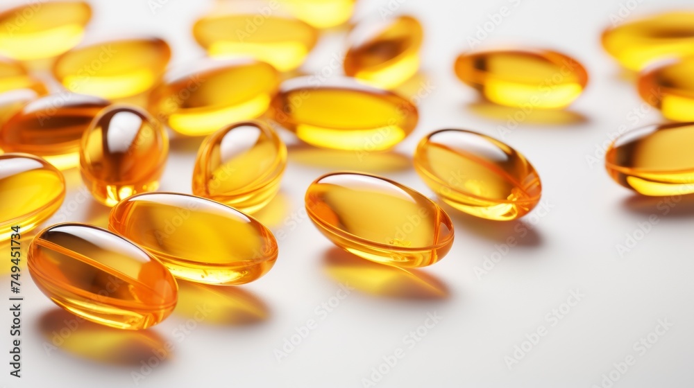 Fish oil omega 3 gel capsules on golden bokeh background. Fish oil omega 3 gel capsules on golden bokeh background.