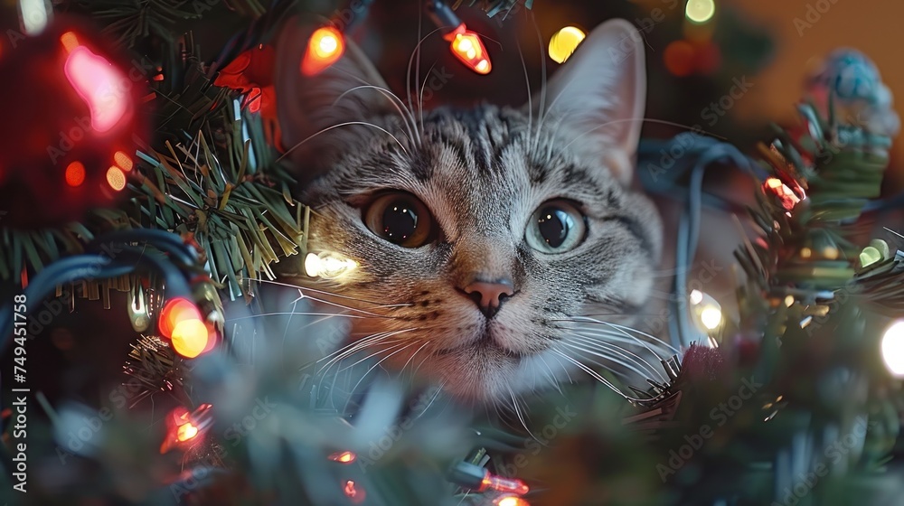 a close up of a cat peeking out from behind a christmas tree with a lot of lights on the branches.