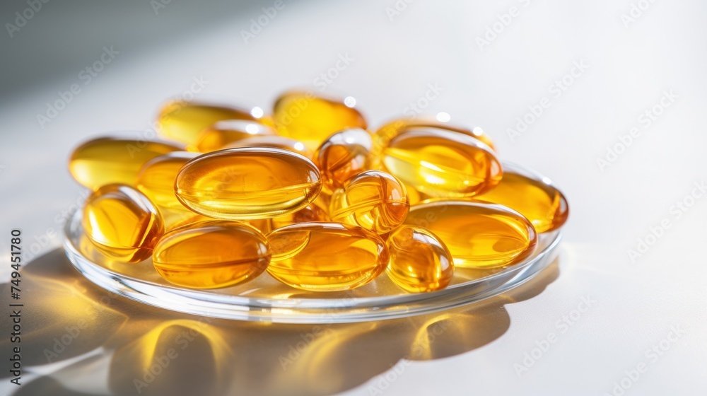 Fish oil omega 3 gel capsules on golden bokeh background. Fish oil omega 3 gel capsules on golden bokeh background.