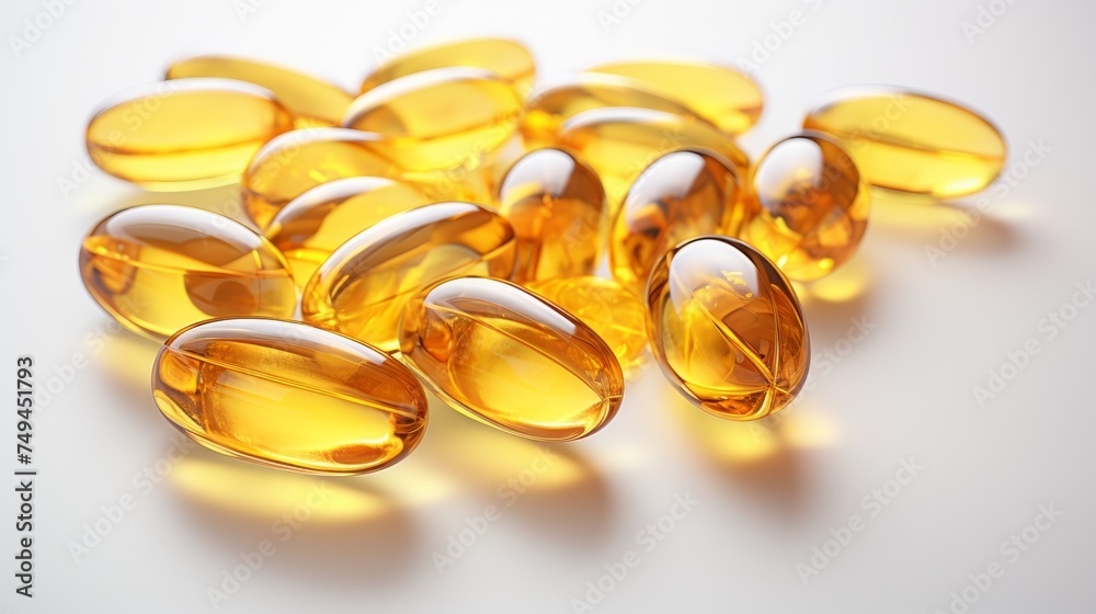 Fish oil omega 3 gel capsules on golden bokeh background. Fish oil omega 3 gel capsules on golden bokeh background.