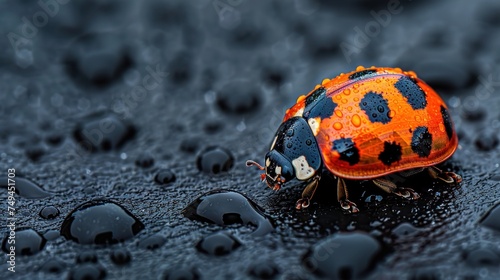 a close up of a small orange and black bug on a wet surface with drops of water on the ground.