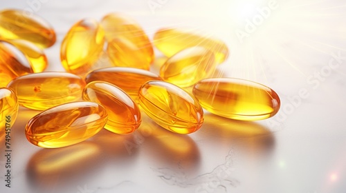 Fish oil omega 3 gel capsules on golden bokeh background. 