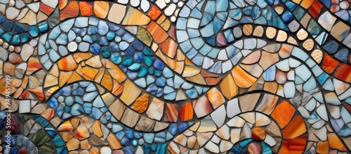 This close-up shot showcases the intricate details and vibrant colors of a mosaic tile wall. Each tile piece fits together perfectly, creating a beautiful textured pattern.