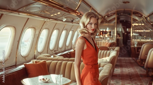 Elegant Retro Fashion Woman in Orange Dress Inside Vintage Luxury Airplane Cabin photo