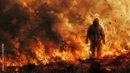a man standing in front of a huge fire with lots of orange and yellow smoke coming out of his face.