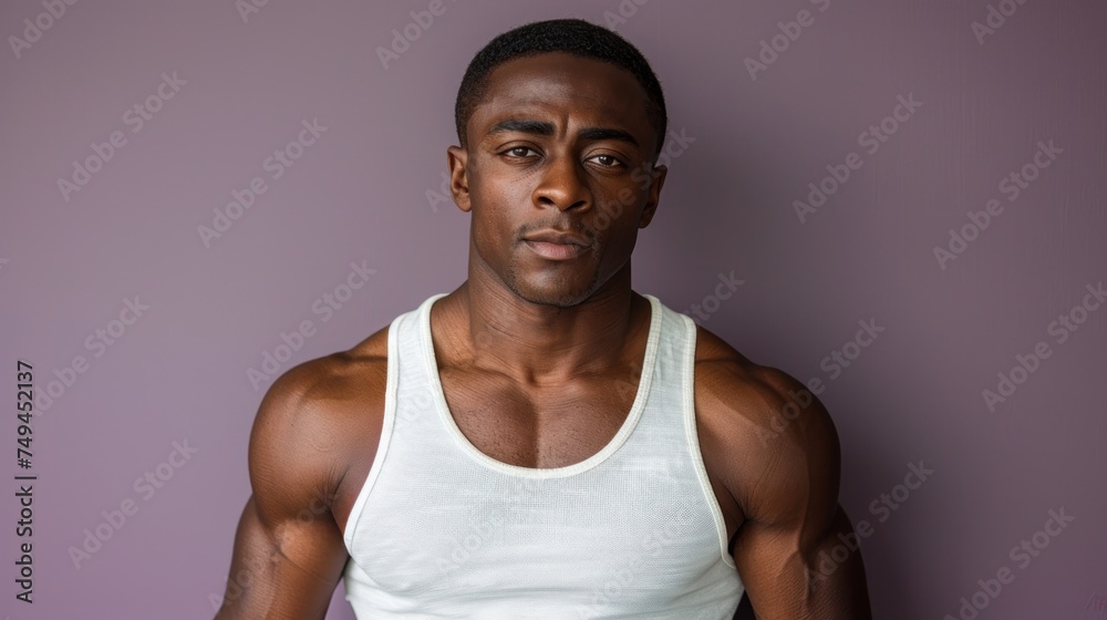 a man standing in front of a purple wall with his hands in his pockets and wearing a white tank top. - obrazy, fototapety, plakaty 