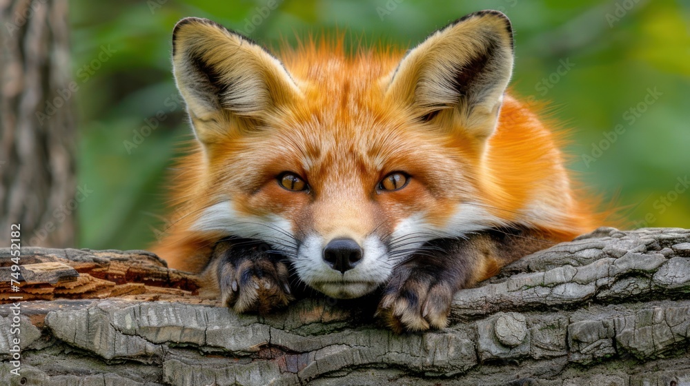 Fototapeta premium a close up of a red fox laying on a tree branch with its paws on it's face and looking at the camera.