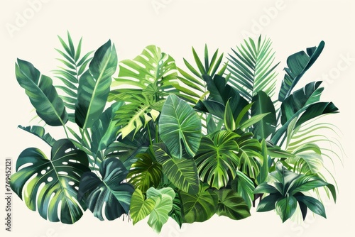 Lush green leaves fill the frame, creating a vibrant nature background Artistic composition of an assortment of tropical plants with featuring different textures and shades of green, for a botanical  © Sittipol 