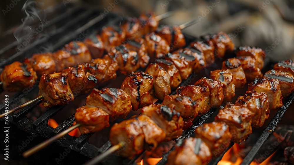 A grill with skewers of meat on it, all on a wooden stick. The flames are orange