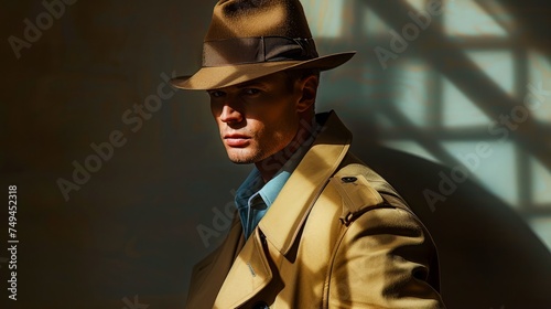 Stylish Man in Classic Fedora Hat and Trench Coat with Dramatic Lighting and Shadow Artistic Fashion Photography