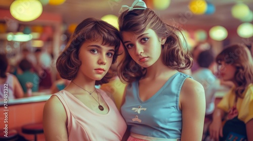 Vintage Diner Theme with Two Young Women in Retro Fashion Posing