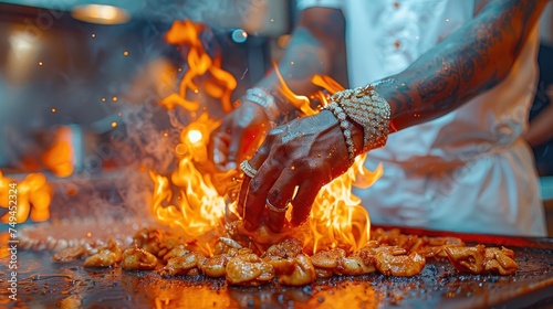a close up of a person cooking food on a grill with flames coming out of the top of the grill. © Ilona