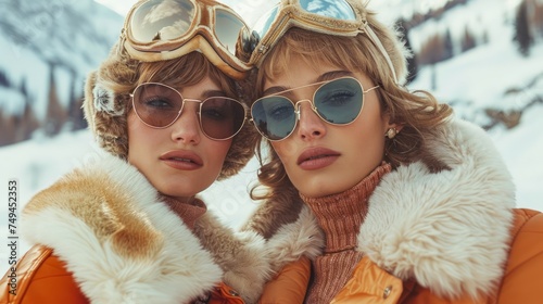 Fashionable Twin Sisters in Stylish Winter Attire with Goggles Posing on Snowy Mountain Background