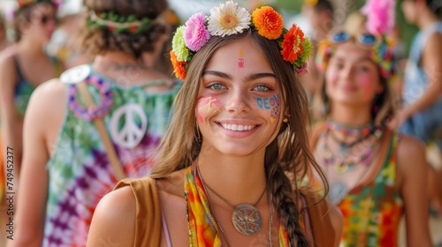 Portrait of a Smiling Young Woman with Floral Headband at a Summer Festival, Peace Sign, Boho Style