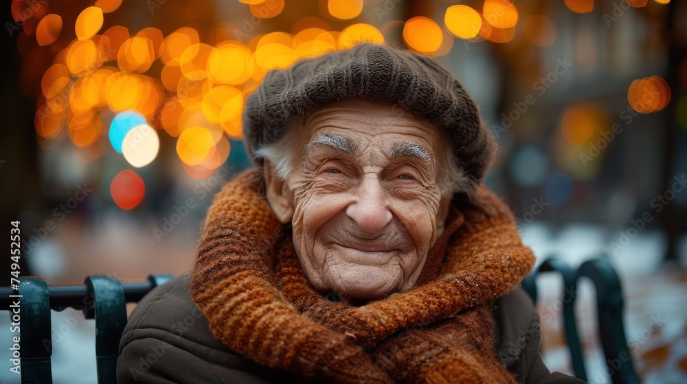 a close up of a person sitting on a bench wearing a scarf and a hat with lights in the background. a close up of a person sitting on a bench wearing a scarf and a hat with lights in the background.