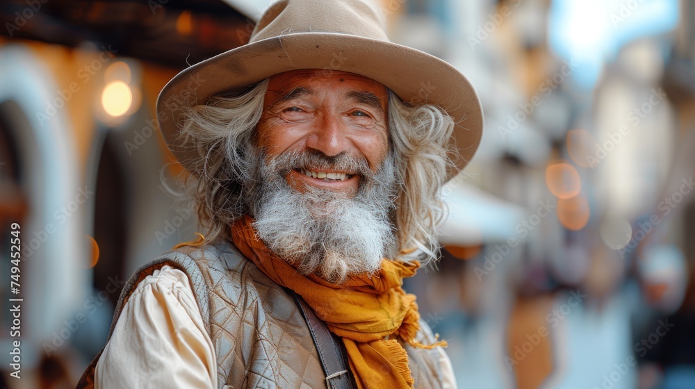 a man with long white hair and a beard wearing a hat and a yellow scarf and scarf around his neck. a man with long white hair and a beard wearing a hat and a yellow scarf and scarf around his neck.