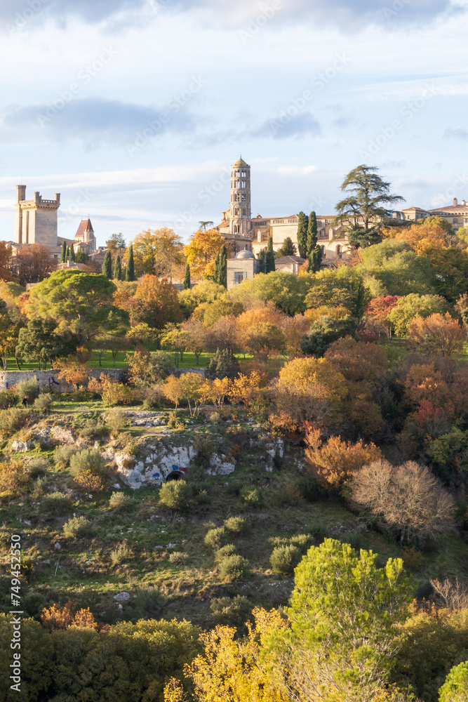 Uzès city of Art and History, vertical view in autumn. Photography taken in France