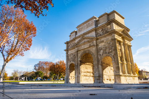 Famous Roman triumphal arch, historical building in Orange city, photography taken in France photo