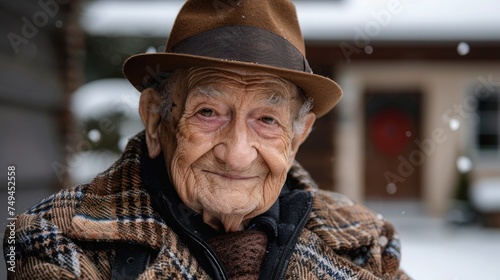 a close up of a person wearing a coat and a hat with a house in the background and snow falling on the ground.