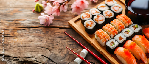 sushi assortment on wood background