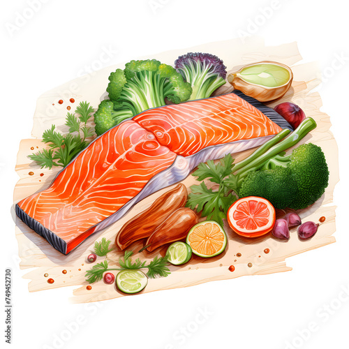 grilled salmon steak with vegetables isolated on white background
