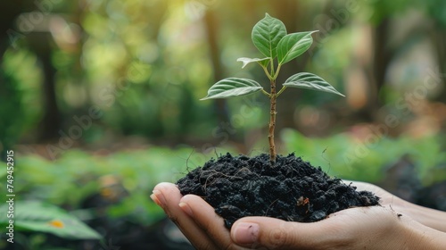 a close up of a person holding a plant in a dirt pile in front of a forest filled with trees.