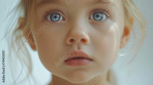 a close up of a child's face with blue eyes and a hairdow on top of her head. photo