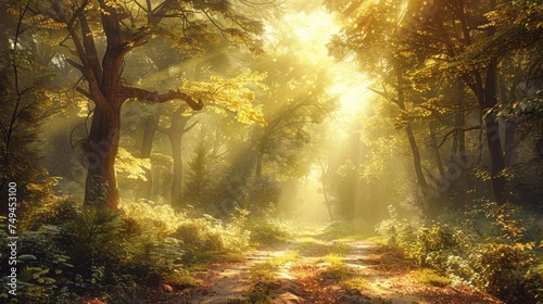 a dirt road in the middle of a forest with sunbeams shining through the trees and leaves on the ground.