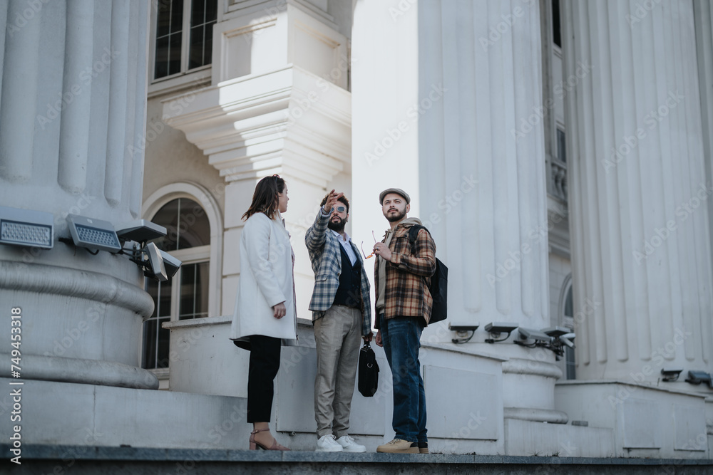 A trio of young business professionals analyze market trends and discuss strategies outdoors, showcasing teamwork and collaboration. A trio of young business professionals analyze market trends and discuss strategies outdoors, showcasing teamwork and collaboration.