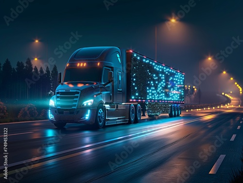 A high-speed semi truck equipped with advanced autonomous technology, glowing with neon lights, driving at night photo