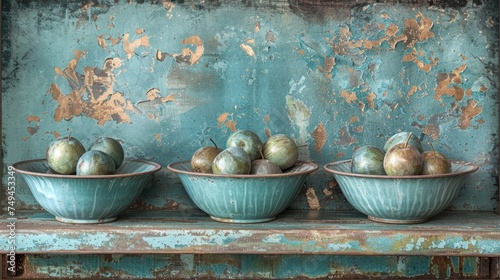 a group of bowls filled with fruit sitting on top of a wooden table next to a rusted metal wall. photo