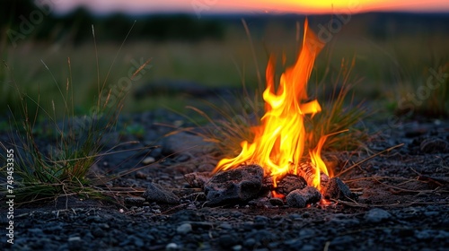 a fire burning in the middle of a field with grass and rocks in the foreground and a sunset in the background. photo