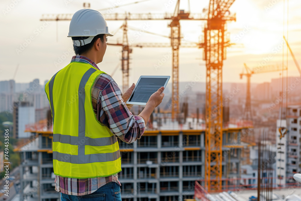 architect in white helmet and yellow vest standing on the roof on construction site with cranes architect in white helmet and yellow vest standing on the roof on construction site with cranes