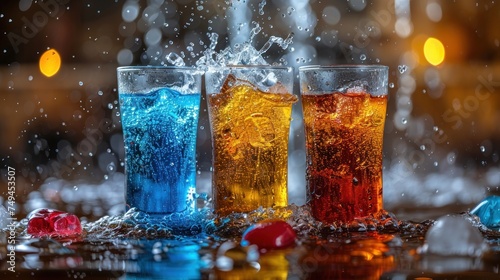 three glasses filled with different colored liquids on top of a table next to a glass filled with ice and water.