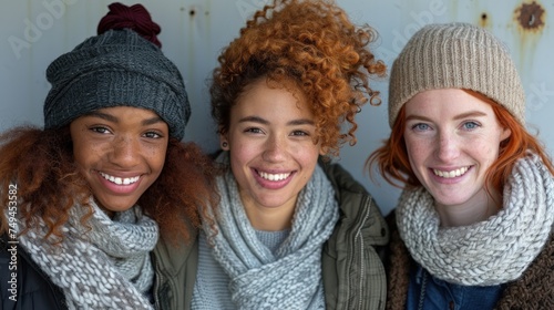 a group of three women standing next to each other wearing scarves and scarves on top of their heads. photo